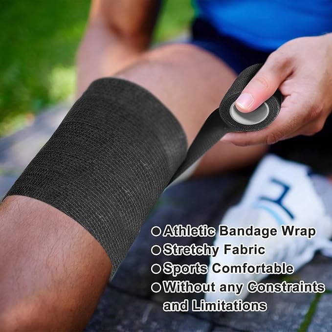 24 Pack Self Adhesive Bandage Wrap, 4” x 5 Yards Cohesive Medical Tape Elastic Grip Tape Black Sports Tape Athletic for Ankle, Wrist Sprains, Pet First Aid (Black, 4 Inch)-PawvioPets