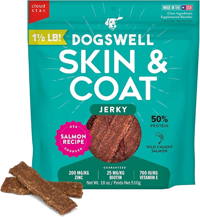DOGSWELL Jerky Treats for Dogs, Skin and Coat Salmon Recipe 18 oz., 29235-PawvioPets
