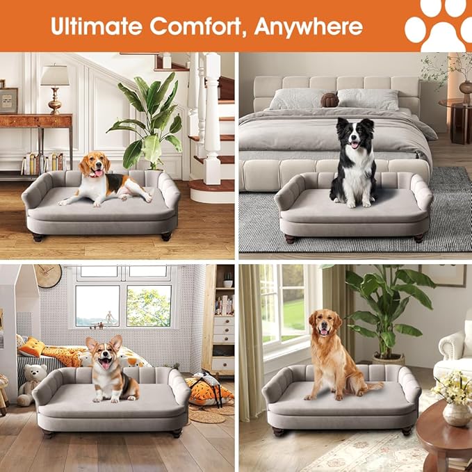 Dog Couch Sofa Bed, Comfortable Pet Sofa for Large and Medium Dogs, Soft Velvet Cushion, Durable Pet Furniture for Living Room, Washable Dog Bed for Couch 40.16‘’ (Gray)-PawvioPets