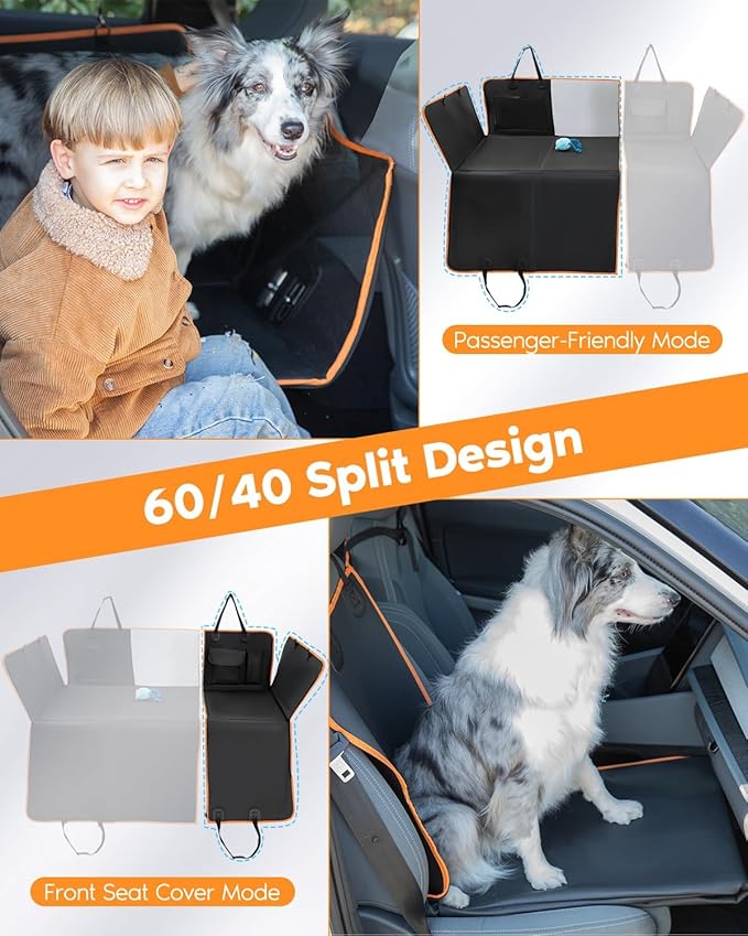 6-in-1 Leather Dog BackSeat Extender, Hard Bottom 40/60 Split Waterproof Car Back/Front Seat Cover, Rear Hammock Carseat Protector, Large Size Pet Mat for SUV/Truck/Cargo, Vehicle Bed Travel Accessory-PawvioPets