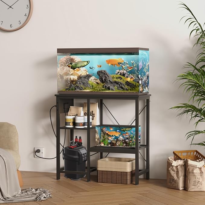 20-29 Gallon Fish Tank Stand with Power Outlet & LED Light, Metal Aquarium Stand with 3 Tier Adjustable Storage Shelves, Tank Stand for Reptile Tank, Turtle Tank, 30.7" L*13.8" W, Black-PawvioPets