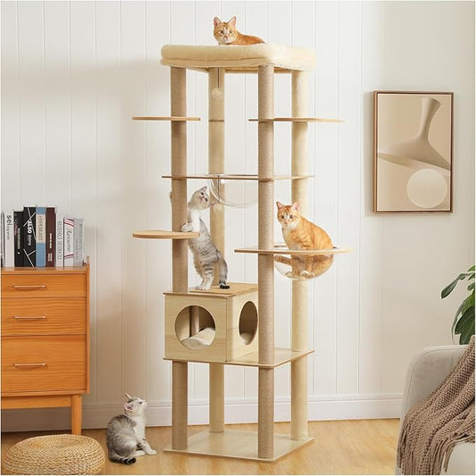 71" Tall Wood Cat Tree for Large Cats, Modern Cat Tower with 2 Acrylic Bowls, Large Top Perch, Spacious Cat Cave (Soft Cushion Included), 10 Sisal Scratching Posts and Non-Slip Jump Platforms-PawvioPets