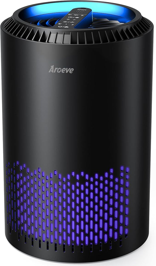AROEVE Air Purifiers for Bedroom Home, Air Purifier For Smoke Pollen Dander Hair Smell Air Cleaner with Sleep Mode Speed Control For Bedroom Office, MK01- Black(Available for California)-PawvioPets