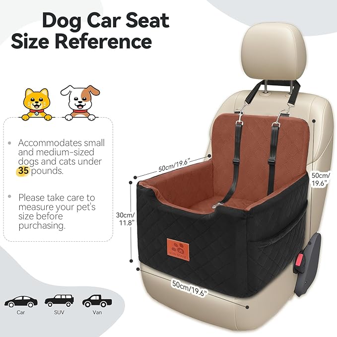 Dog Car Seat for Small/Medium Dogs Under 35lbs,Memory Foam Dog Booster Seats,Detachable and Washable Traval Pet Car Seat, Dogs Bed with 2 Safety Belts(Balck/Brown)-PawvioPets