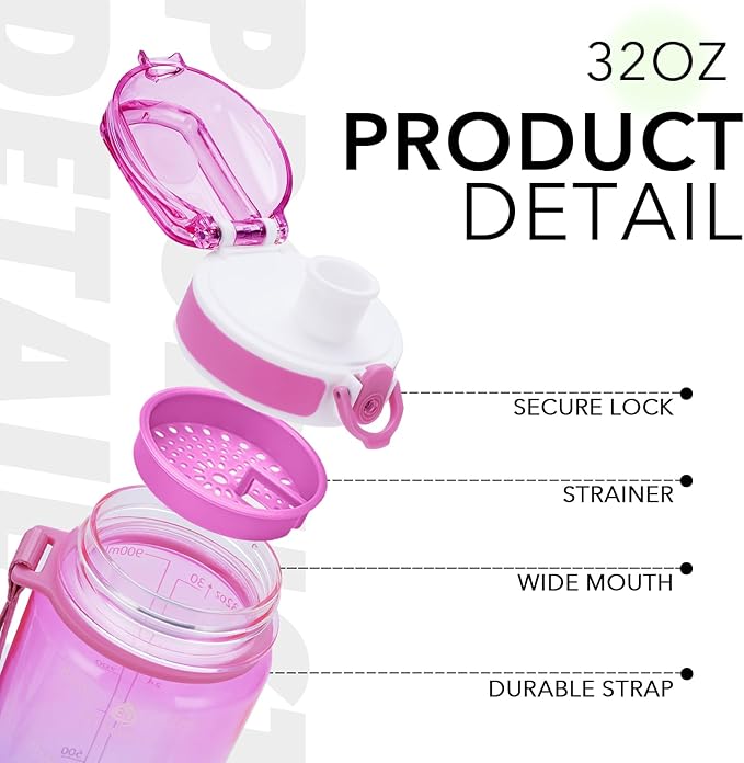32oz Motivational Water Bottles with Time Marker & Fruit Strainer, Transparent Gradient Color Water Bottle with Times to Drink, Leakproof & BPA Free, Reusable Bottle with Strap (No Straw)-PawvioPets