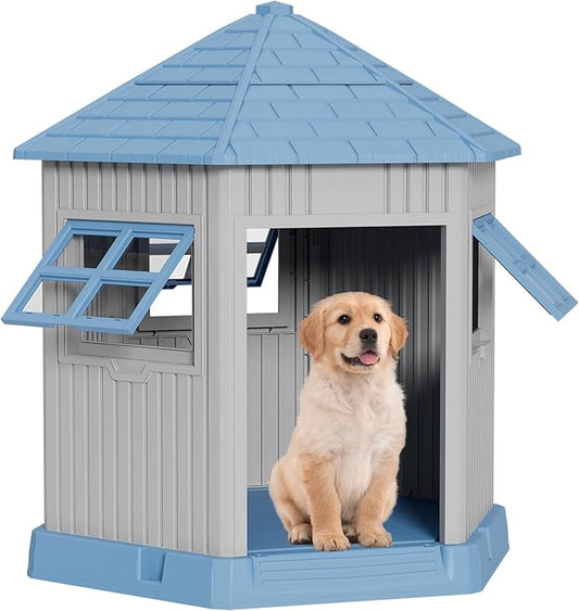 Durable Dog House Indoor Outdoor for Small Medium Dogs, Weatherproof Puppy Shelter with Elevated Floor & Air Vents, Easy Clean and Assemble (Blue, 36.61L*29.5W*37.4H)-PawvioPets