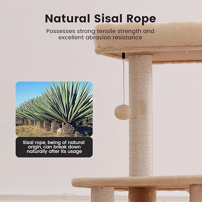 Gardner Pet 65in Heavy Duty Cat Tree Tower for Large Cats, Multi-Level Cat Furniture with Replaceable Sisal Scratching Post, Hammock | Extra-Large Platform & Condo (Beige)-PawvioPets