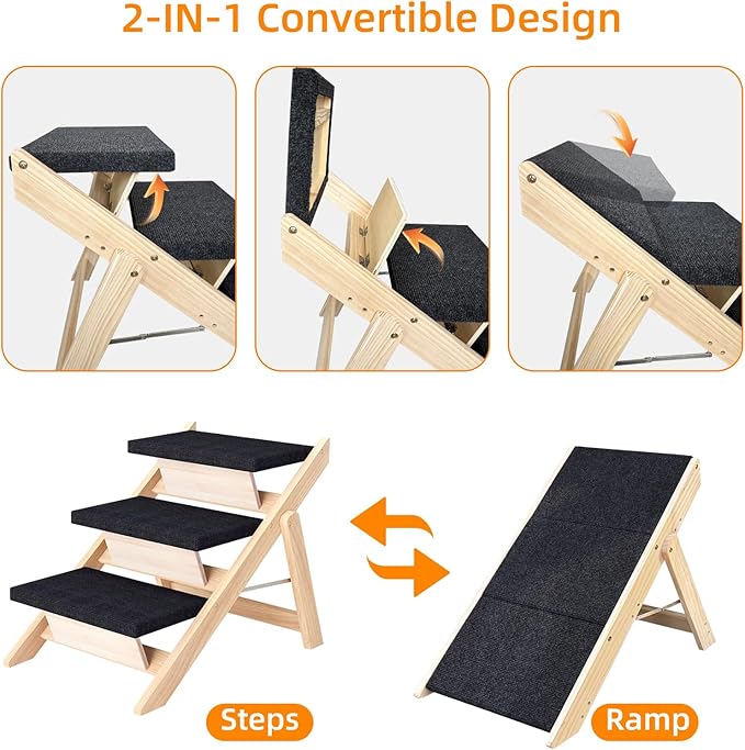 Dog Stairs/Ramp for Bed, Wooden Convertible Pet Steps, Portable Dog Ladder Up to 180 Pound for Elderly/Short-Legged Dogs, 3 Steps for Beds, Couch, Cars-PawvioPets