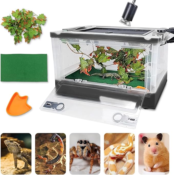 Foldable Reptile Terrariums Kits with Plant, Feeding Bowl, Carpet, Easy to Carry, Easy to Move with Wheels, Heat-Resistant Material, Suitable for Lizard Tortoise Leopard Gecko (Black)-PawvioPets