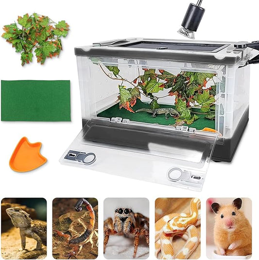 Foldable Reptile Terrariums Kits with Plant, Feeding Bowl, Carpet, Easy to Carry, Easy to Move with Wheels, Heat-Resistant Material, Suitable for Lizard Tortoise Leopard Gecko (Black)-PawvioPets