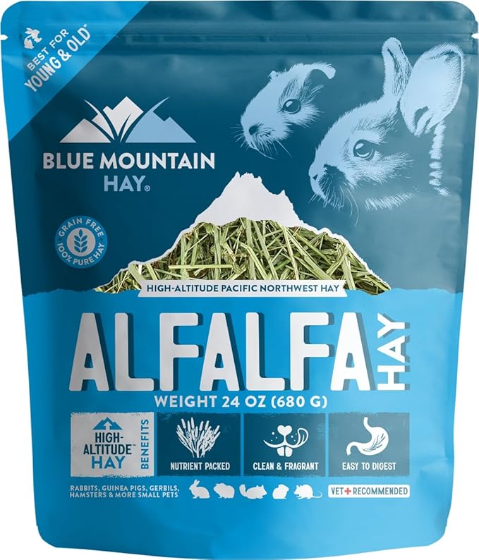 Blue Mountain Hay | Fresh Alfalfa Hay (24 Ounce) | High Leaf Retention | Nutritious High-Altitude Hay Pet Food for Rabbits, Guinea Pigs, Chinchillas, Hamsters, and Other Small Pets-PawvioPets