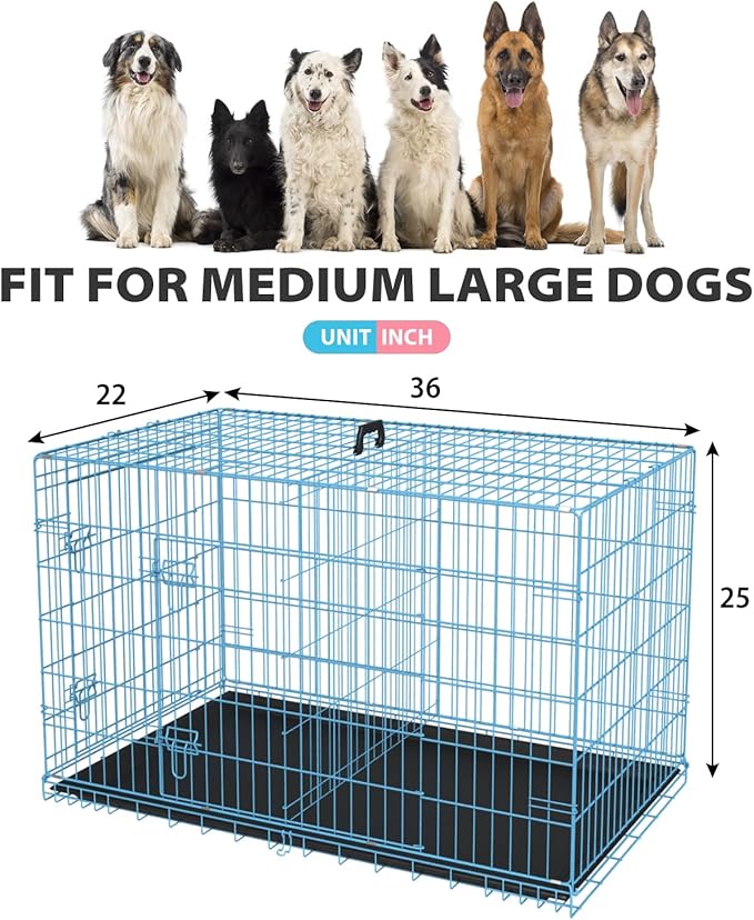 BestPet | Dog Crate | 36" | Blue | Foldable Metal Kennel with Double Doors, Secure Slide-Bolt Latches, Leakproof Tray | Portable Dog Cage for Medium Sized Breeds | for Travel, Indoor & Outdoor Use-PawvioPets