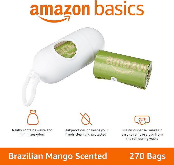 Amazon Basics Dog Poop Bags with Dispenser, 270 Count, Enhanced for Guaranteed Leakproof, Brazilian Mango Scented, Includes Leash Clip-PawvioPets