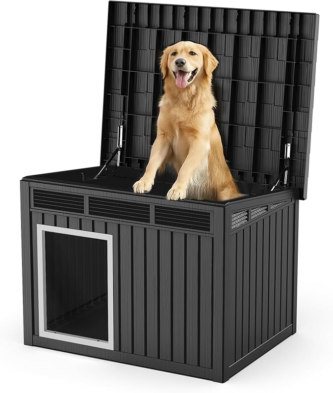 Dog House Indoor Outdoor,Resin Waterproof Puppy Shelter with Air Vents and Elevated Floor,Air Rod on Top to Open,Dog Kennel for Small to Large Dogs(Black,42.87 * 32.95 * 31.61)-PawvioPets