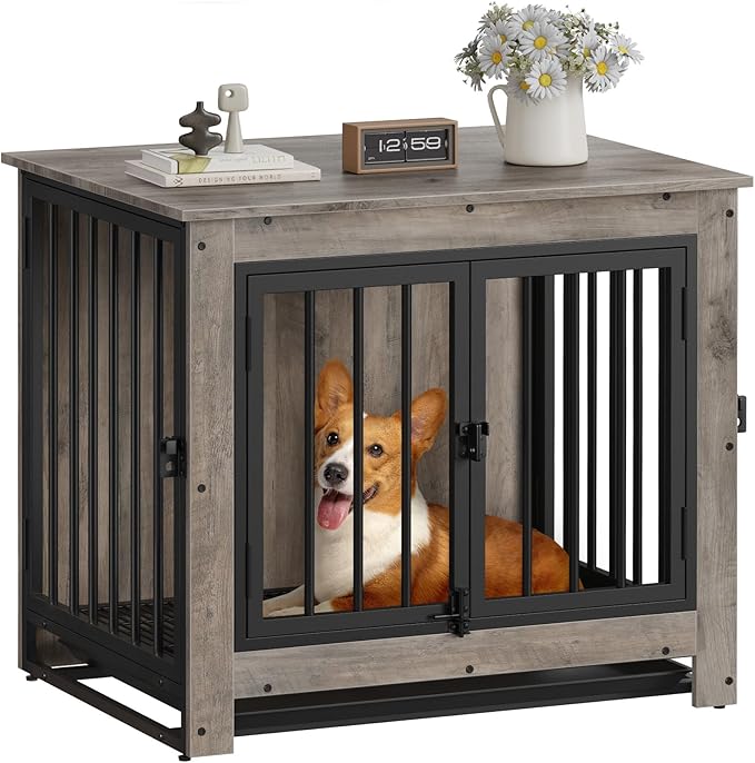 Dog Crate Furniture, Dog Crate End Table for Small and Medium Dogs,Wooden Cage Kennel Furniture Indoor, Modern Dog Crate with Multi-Purpose Removable Tray, Double-Doors Dog Furniture, Greige-PawvioPets