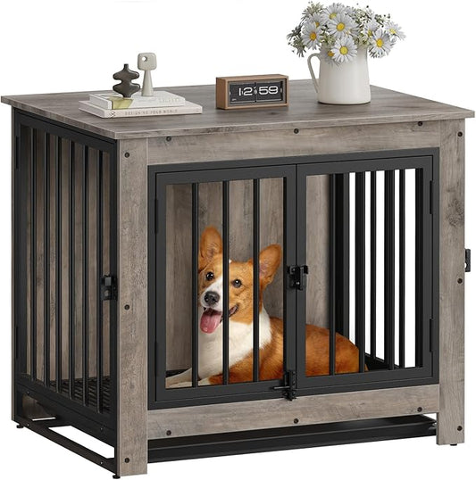 Dog Crate Furniture, Dog Crate End Table for Small and Medium Dogs,Wooden Cage Kennel Furniture Indoor, Modern Dog Crate with Multi-Purpose Removable Tray, Double-Doors Dog Furniture, Greige-PawvioPets