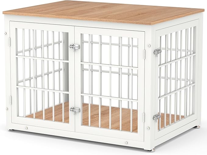 38 Inch Heavy Duty Dog Crate Furniture for Large and Medium Dogs, Decorative Pet House End Table, Wooden Cage Kennel Furniture Indoor, Natural and White-PawvioPets