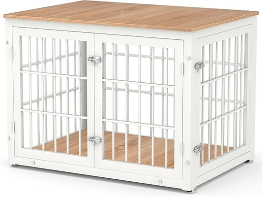 38 Inch Heavy Duty Dog Crate Furniture for Large and Medium Dogs, Decorative Pet House End Table, Wooden Cage Kennel Furniture Indoor, Natural and White-PawvioPets