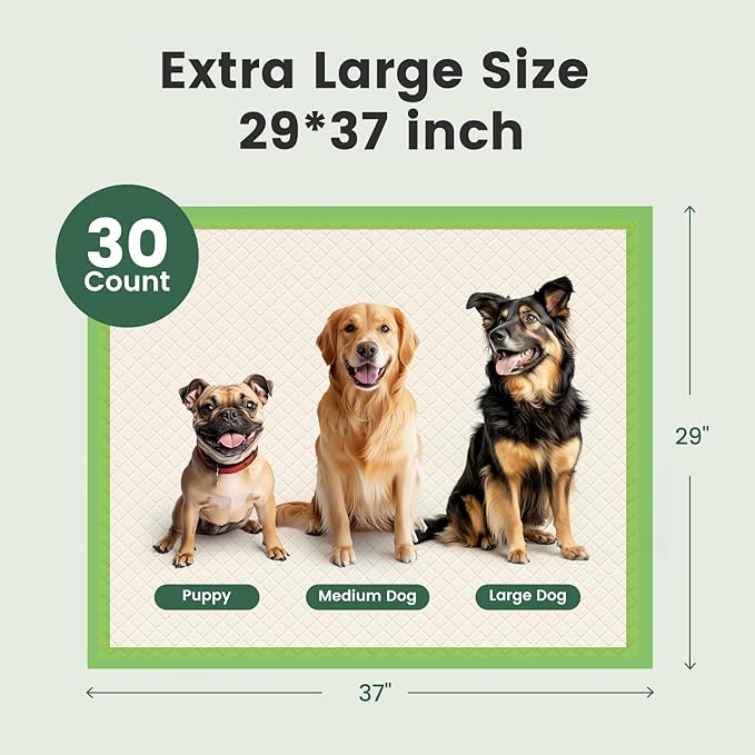 Gardner Pet Dog Pee Pads Extra Large 29"x37", XL Thicker ECO Green Disposable XLarge Puppy Training Pads Super Absorbent Full Edge-Wrapping Pad for Dogs, Puppies, Doggie, Cats, Rabbits-(30 Count)-PawvioPets
