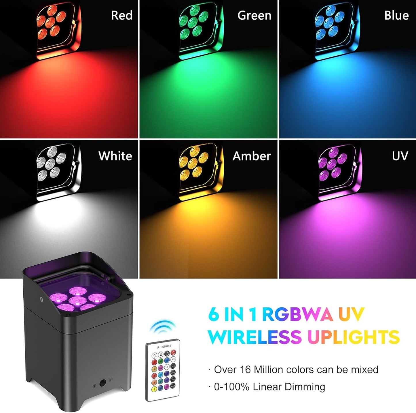 9600mAh Wireless Uplights, 6x18W RGBWA UV Rechargeable Stage Lights, APP/DMX512/Remote Controlled Par Lights, Battery Powered Uplights for Show, Party, Festival, Event, 2 Pack