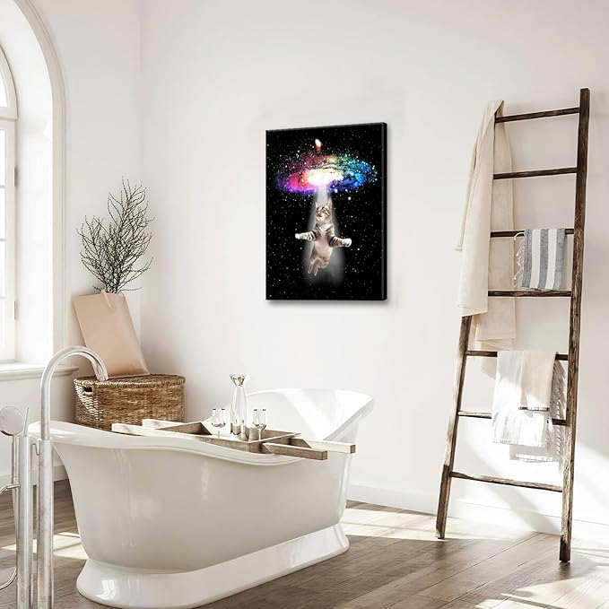 Funny Cat Wall Art Canvas Galaxy Wall Decor Prints Framed Painting Animal Pictures Gifts Artwork for Bathroom Living Dining Kitchen 16"x24"-PawvioPets