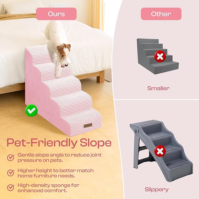 Curved Dog Stairs for High Bed Up to 26", 5-Step Dog Ramp for Small Dogs with Washable Cover, Non-Slip Steps for Cats to Get on Couch and Sofa, Durable Foam Ladder for Medium Breeds, White Pink-PawvioPets
