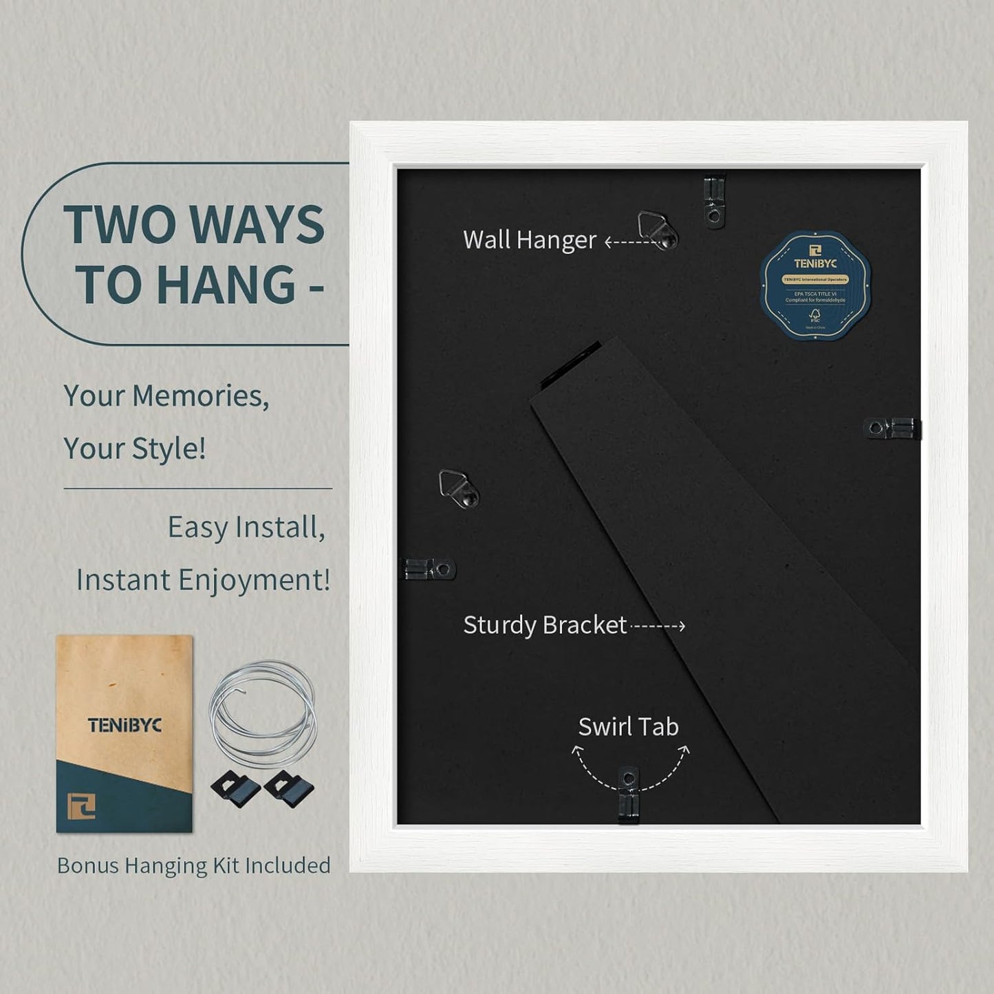 8x10 Picture Frame Set - 3 Pack, Textured White Solid Wood, HD Tempered Glass, Gallery Photo Frame, Table or Wall Display