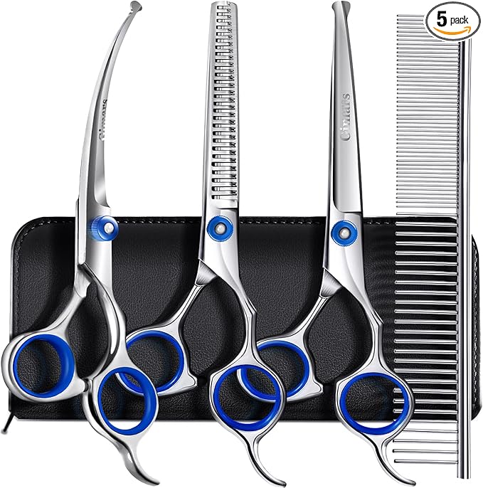 Gimars Professional 5 in 1 Grooming Scissors for Dogs 4CR with Safety Round Tip, Heavy Duty Titanium Coated Straight & Thinning & Curved Shears-PawvioPets