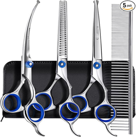 Gimars Professional 5 in 1 Grooming Scissors for Dogs 4CR with Safety Round Tip, Heavy Duty Titanium Coated Straight & Thinning & Curved Shears-PawvioPets