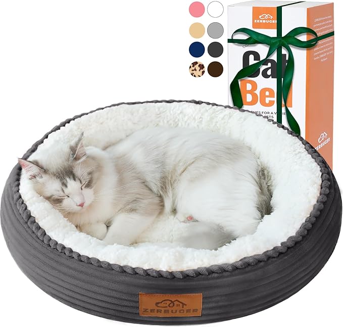 20in Washable Cat Beds for Indoor Cats - Round Donut Pet Bed for Cats, Small Dogs, Puppy, Kitten - Anti-Slip Bottom, Calming Bed Gift - Dark Grey-PawvioPets