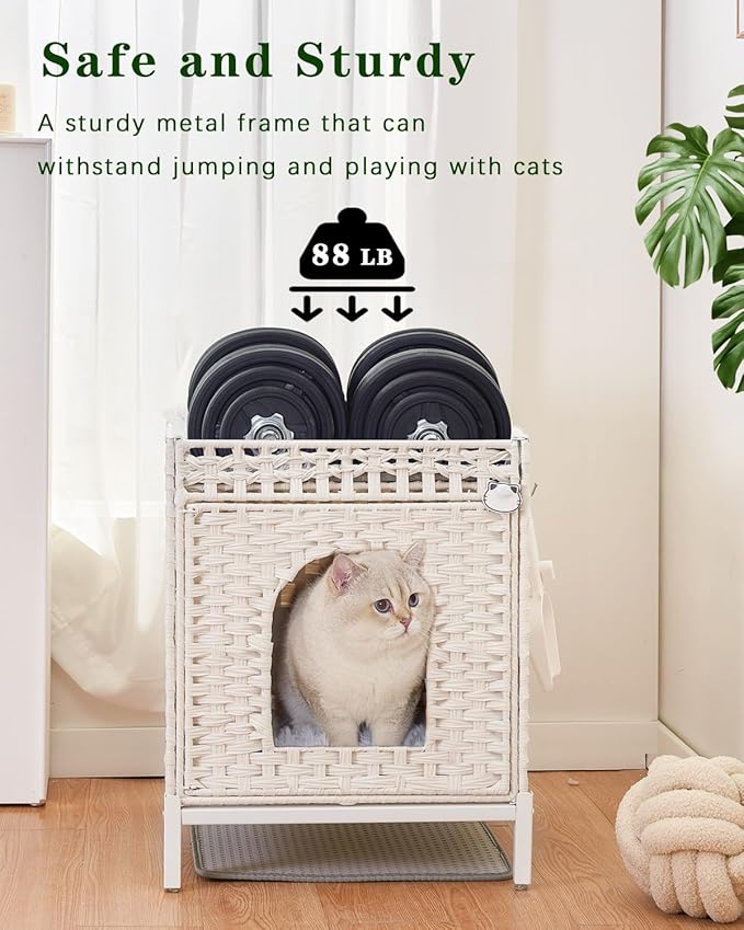 Cat Litter Box Enclosure Hidden Litter Box Furniture with Metal Heightened Feet, Rattan Handwoven Cat House with Litter Mat, Hidden Litter Box Furniture for Bedroom Living Room White-PawvioPets