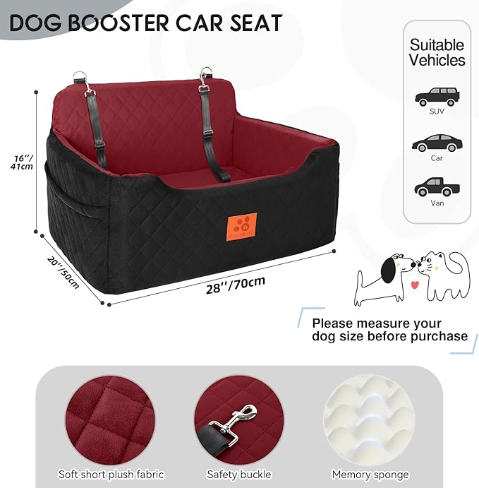 Dog Car Seat for Medium/Large Dogs, Dog Booster Seat for Pet Under 50lbs or 2 Small Dogs, Detachable and Washable Pet Car Bed, Multi-Functional Pet Booster Seat for Backseat(Black/Red)-PawvioPets