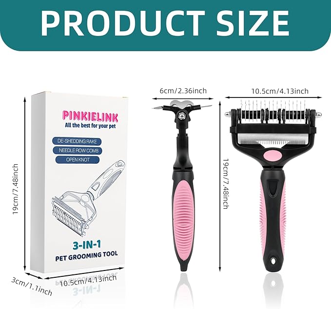 3-IN-1 Pet Grooming Tool - Undercoat Rake, Dematting Comb & Deshedding Brush for Cats & Dogs - Removes Mats, Tangles & Loose Fur, Reduces Shedding & Prevents Hair Mess (Pink)-PawvioPets