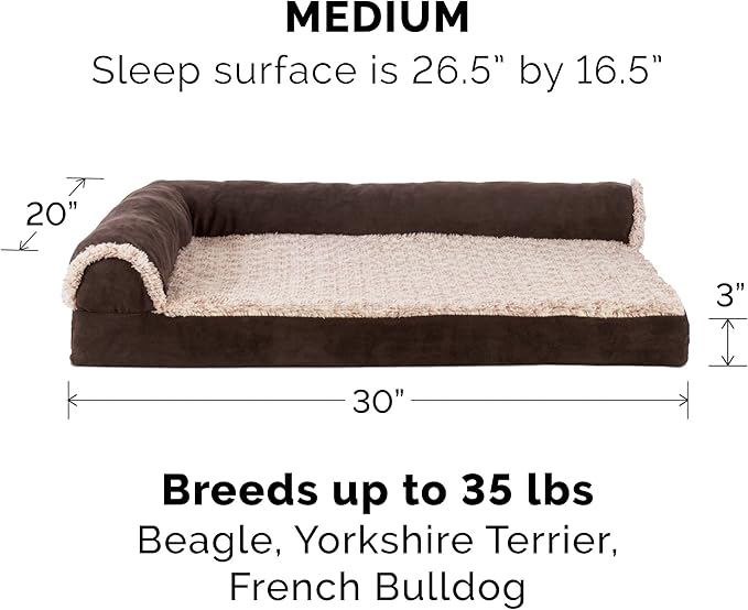 Furhaven Cooling Gel Dog Bed for Medium/Small Dogs w/ Removable Bolsters & Washable Cover, For Dogs Up to 35 lbs - Two-Tone Plush Faux Fur & Suede L Shaped Chaise - Espresso, Medium-PawvioPets