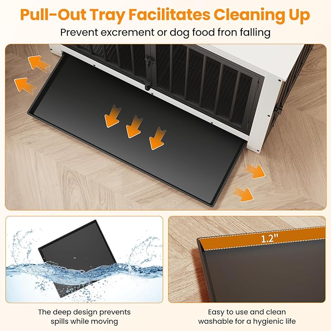 Dog Crate Furniture, Dog Crate End Table for Medium and Large Dogs,Wooden Cage Kennel Furniture Indoor, Modern Dog Crate with Multi-Purpose Removable Tray, Double-Doors Dog Furniture, White-PawvioPets