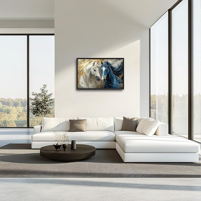 Framed Large Horse Wall Art for Living Room, Oversized Abstract Horses Wall Decor Blue and Golden Canvas Painting Animal Pictures Modern Artwork for Living Room Bedroom Office 36"x24"-PawvioPets