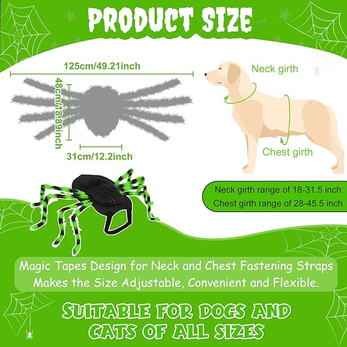 Dog Halloween Costume Large Breed, Furry Dog Spider Costume with 64 LED, Funny Halloween Dogs Costumes for Large Dogs Medium Pet Halloween Party Cosplay (Green)-PawvioPets