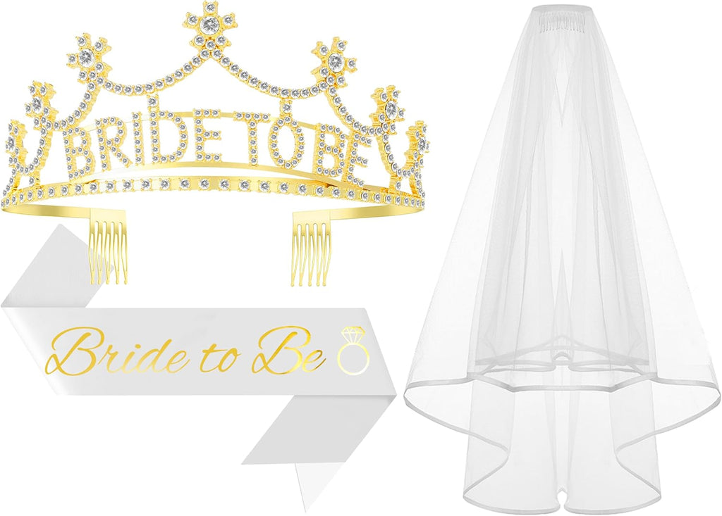 3Pcs Bride to Be Crown with Sash and Veil for Bachelorette Party Decorations，Bridal Shower Accessories for Gift, Favors