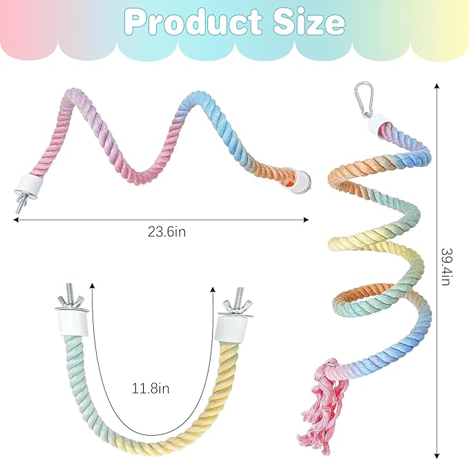 BNOSDM 3 Pcs Bird Rope Perches Gradient Colorful Bendable Climbing Rope Ladders Swings Toy Parakeet Cage Accessories for Parrots, Budgies, Cockatiels, Conures, Lovebirds-PawvioPets