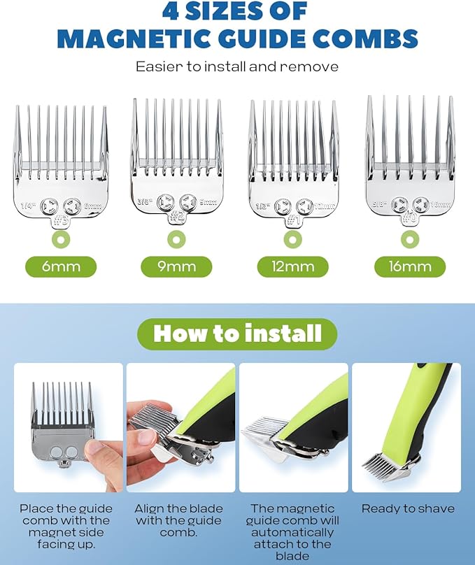 Cordless Horse Clippers, Professional Pet Grooming Clippers, 2 Speed Pet Trimmer with 4 Magnetic Guide Comb, Detachable Blade, Low Noise< 50db for Horse,Pony,Cat,Dog,Goat-PawvioPets