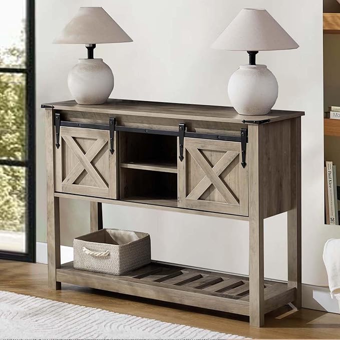 Entryway Table with Storage, Farmhouse Buffet Cabinet Coffee Bar Kitchen Island with Sliding Barn Doors & Shelves, Console Table for Kitchen, Dining Room, Living Room, Grey-PawvioPets
