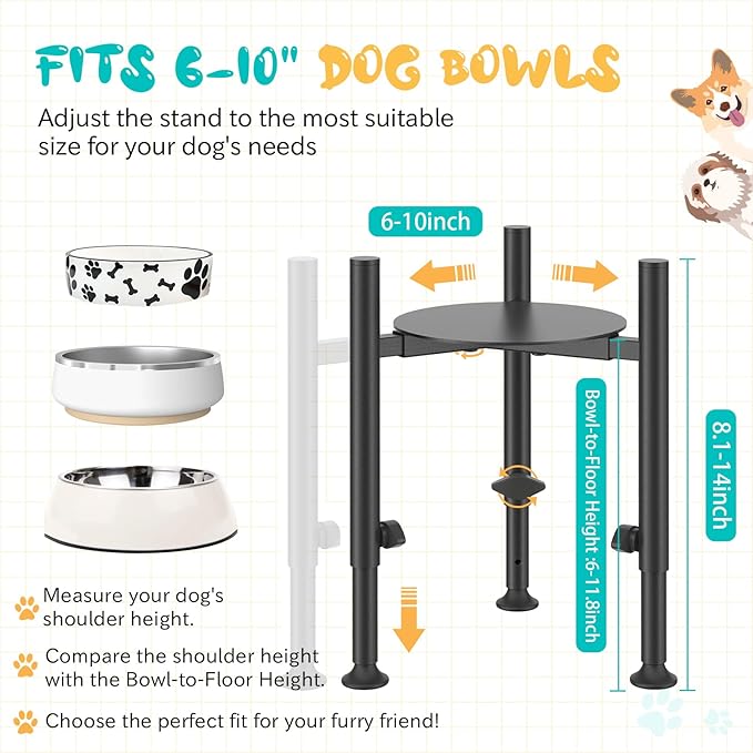 Adjustable Dog Bowls Elevated Stand- 4 Heights, Wide 6-10" -Oppro Metal Raised Tall Single Dog Food Bowl Stands Holder, Upgrade Lifted Water Feeder with Tray for Medium Large Small Breed, Black-PawvioPets