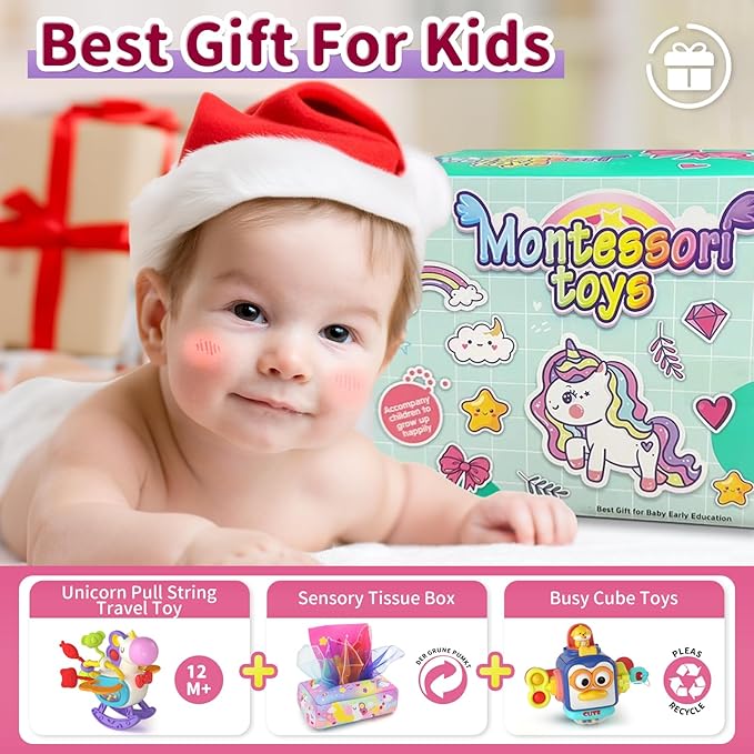 3 in1 Baby Toys 12 to 18 Months - Busy Board Sensory Toys, Tissue Box Toy, Pull String Teether, Learning Toy for Babies, Infant Gifts for 12 18 Months Old-PawvioPets