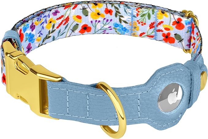 AirTag Dog Collar for Small Medium Large Breed - Adjustable Cute Pattern Dog Collar with Airtag Holder - Soft Leather Tracker GPS Apple Air Tag Pet Collars (Small, 12"-15" Neck Fit, Floral)-PawvioPets