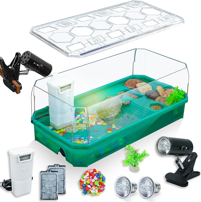Aquatic Turtle Tank Habitat Kit Stone+Filter+Heat Lamp Enhancing Interaction with 360° Viewing, Standalone Filtration, DIY Creative Zone, Enriched Living (Green, Large[with Light])-PawvioPets