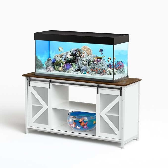 55-75 Gallon Aquarium Stand Heavy Duty Steel Frame, Fish Tank Cabinet with Accessories Storage for Reptile Terrarium & Turtle Tank - 1000lbs Capacity (White)-PawvioPets