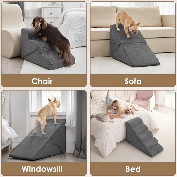EHEYCIGA Curved Foldable Dog Stairs Ramp for High Beds 22.5" H, 5-Step Dog Steps for Small Dogs and Cats, Pet Stairs for High Bed Climbing, Non-Slip Balanced Pet Step Indoor, Grey-PawvioPets
