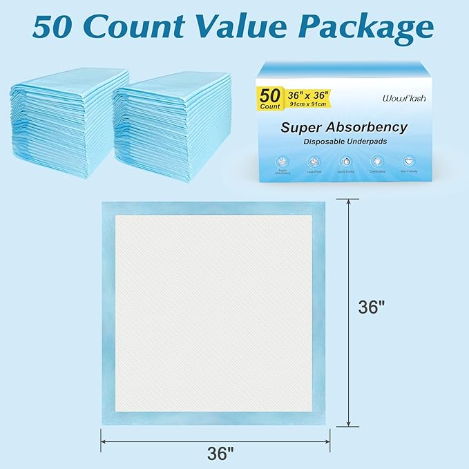 50 Count 36" x 36" Super Absorbency Disposable Underpads - Leakproof Quick Drying Pads for Baby, Puppy & Adults, Bed Pads, Incontinence & Dog Pee-PawvioPets
