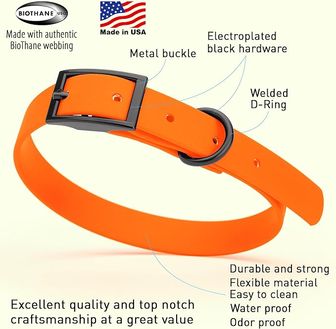 Dogline Biothane Waterproof Dog Collar Strong Coated Nylon Webbing with Black Hardware Odor- Proof for Easy Care Easy to Clean High Performance Fits Small Medium or Large Dogs, Hunter Orange-PawvioPets