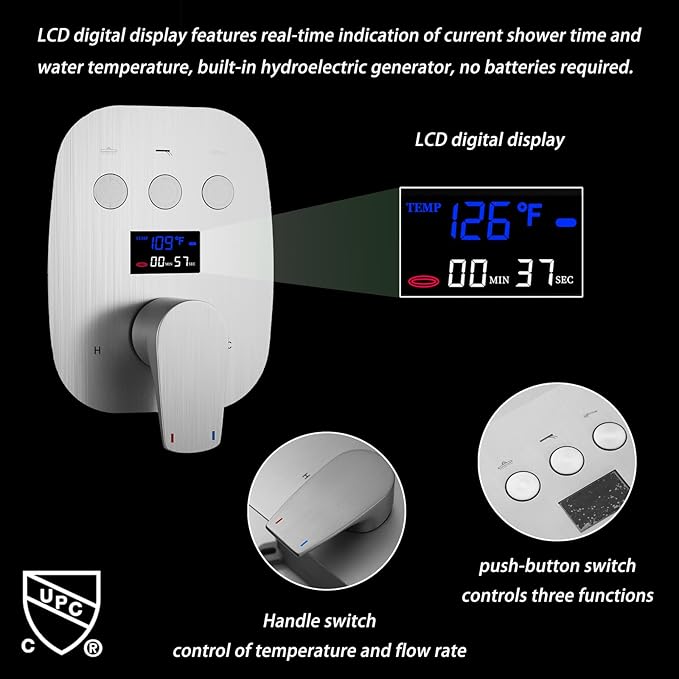 Brushed Nickel Shower System Set Temperature Display Push Button Shower Faucet with 12 inch and 8 inch Wall Mount Full Body Shower Head and Handheld Shower-PawvioPets